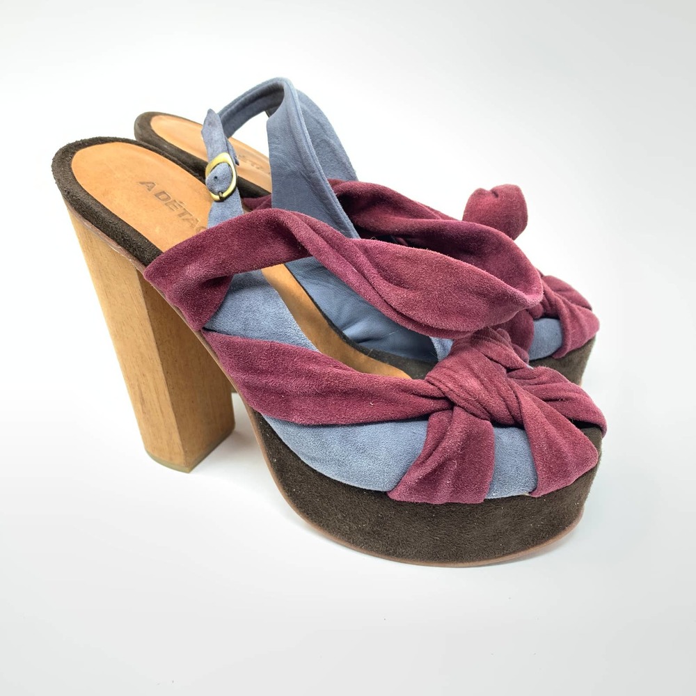 A Detacher Women's Sz 6 Suede Bow Block Heel Slingback Sandal Maroon/Blue Gray